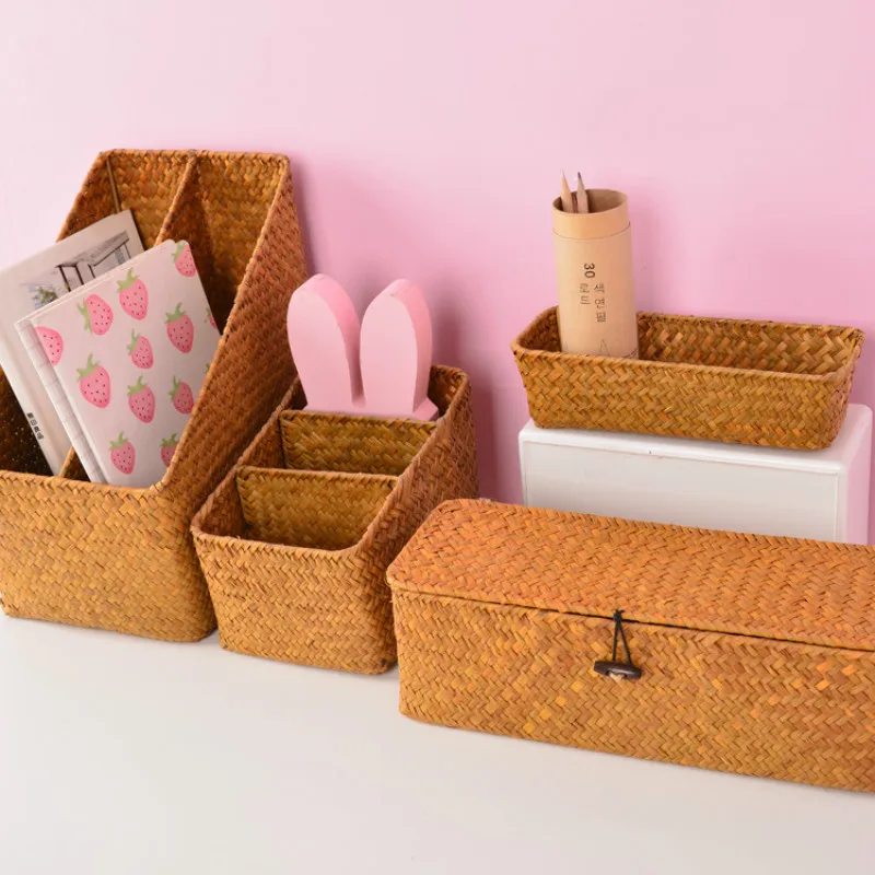 

Bamboo Weaven Storage Basket Cosmetic Organizer Desktop Storage Box Office Sundries Stationery File Boxes Wicker Sewing Baskets