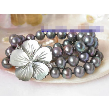 

n1021 beautiful 3strands 11mm black round pearl bracelet bangle@^Noble style Natural Fine jewe SHIPPING 5.25