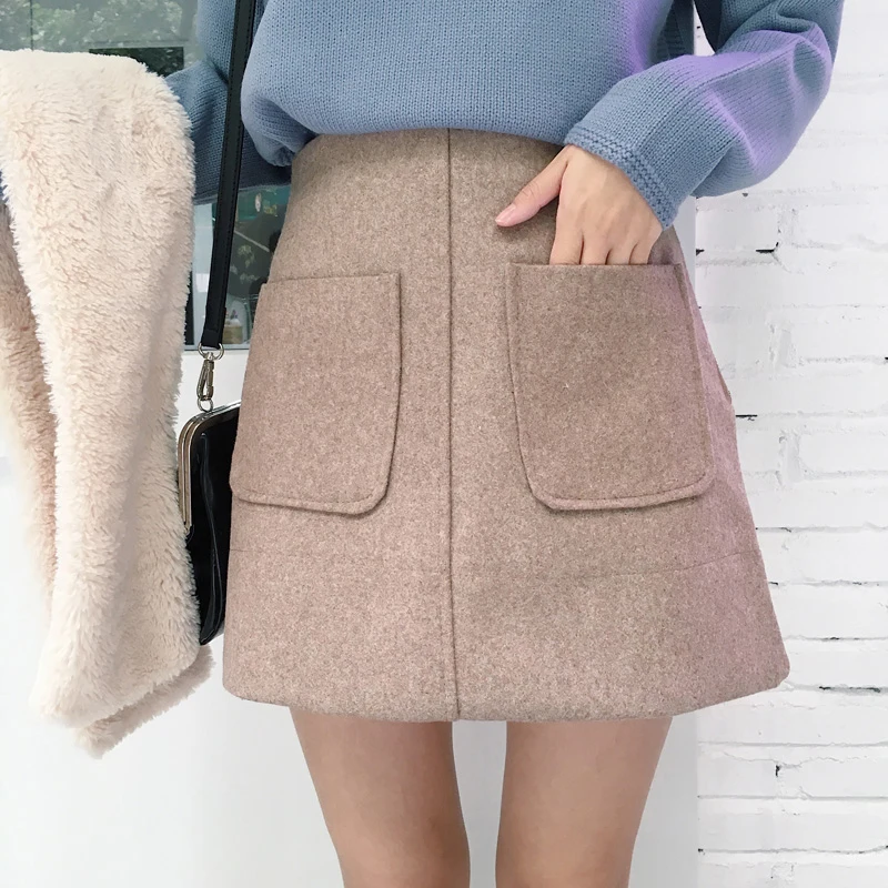 Шерстяные юбки-карандаш женские Harajuku мини юбки корейские большие карманы юбка-карандаш Уличная Сексуальная осенне-зимняя короткая юбка тонкая линия