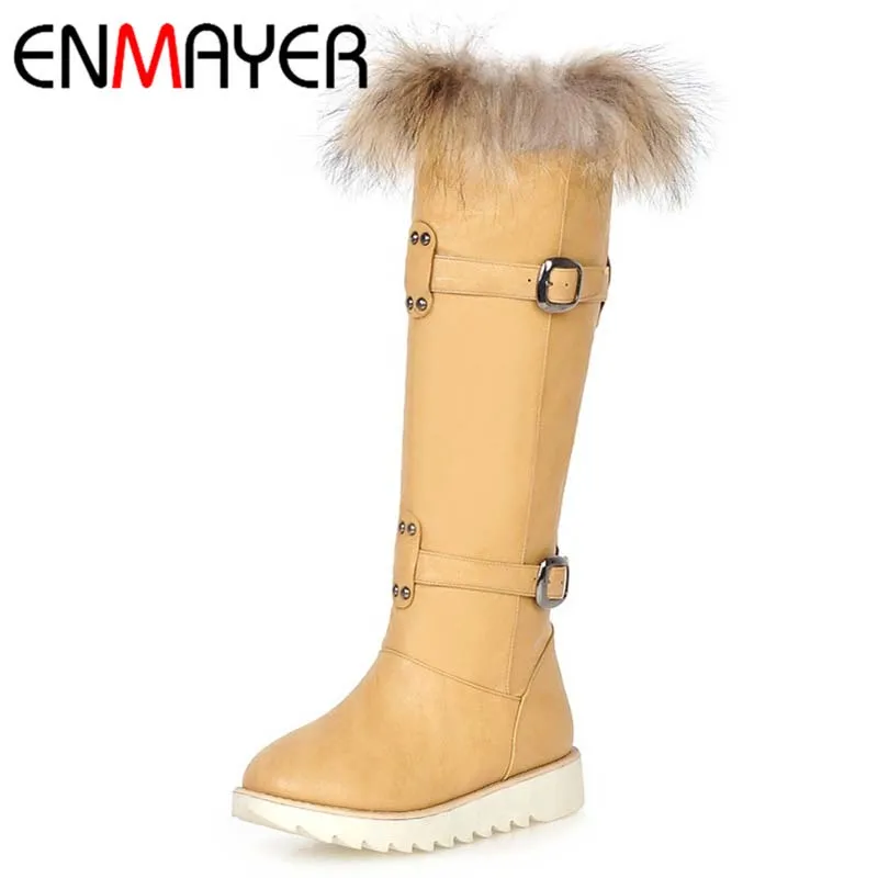 

ENMAYER Big Size  Advanced PU Soft Leather Knee-High Fashion Slip-On Round Toe  Flats With Boots For Women 3-color Women Boots
