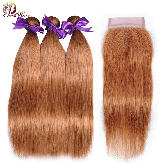 Color 30 Human Hair Dark Honey Blonde 3 Bundles With Closure Brazilian