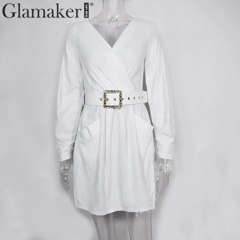 Glamaker Off shoulder long sleeve sexy short dress Summer women solid high waist belt mini dress Female party club dress elegant