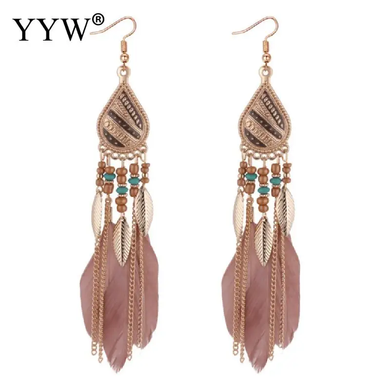 

Hot Sale Long Earrings For Women Gold Color Viange Boho Jewelry Feather Tassels Statement Seed Bead Earrings Gift Trenday Brinco