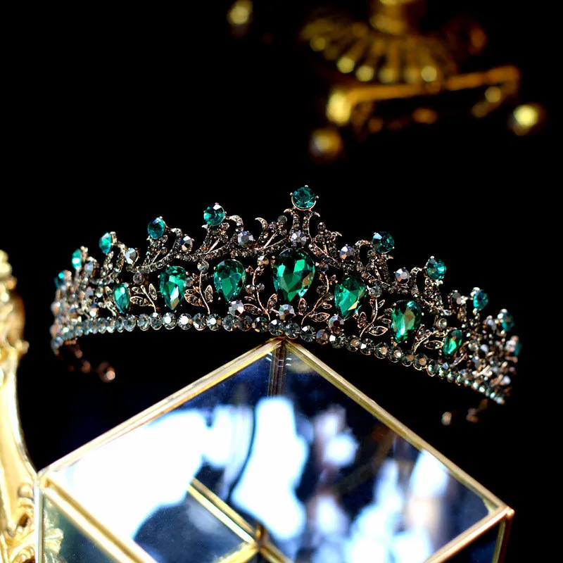 

JaneVini Baroque Luxury Wedding Crowns Black Green Crystal Beaded Bridal Headpieces Bridal Hair Jewellery Party Tiaras Hairband