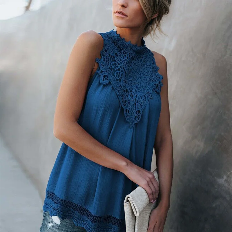 

Sexy Tank Tops Women Hollow Out Lace Patchwork O-neck Summer Blouse Casual Solid Sleeveless Tops Female Loose Vest Shirt