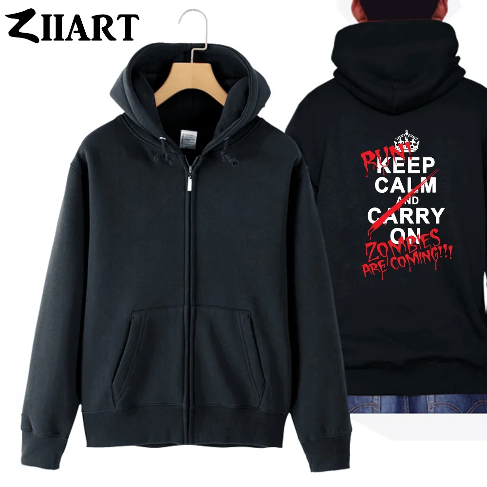 Imperial crown keep calm and carry on run zombies женские хлопковые пальто на молнии с капюшоном куртки