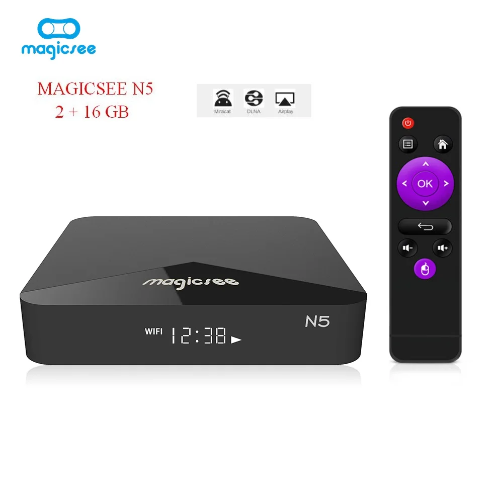 

MAGICSEE N5 Android TV OS TV Box Amlogic S905X Android 7.1.2 2GB RAM + 16GB ROM 2.4G + 5G WiFi 100Mbps BT4.1 Support 4K H.265