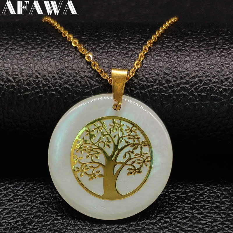 

2019 Fashion Shell Stainless Steel Necklace for Women Gold Color Tree of Life Statement Necklace Jewelry bisuteria mujer N1879
