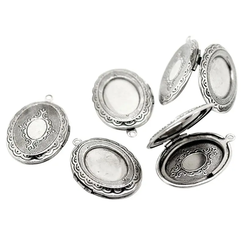 

5 Silver Tone Oval Photo Frame Locket Pendants 34x24mm