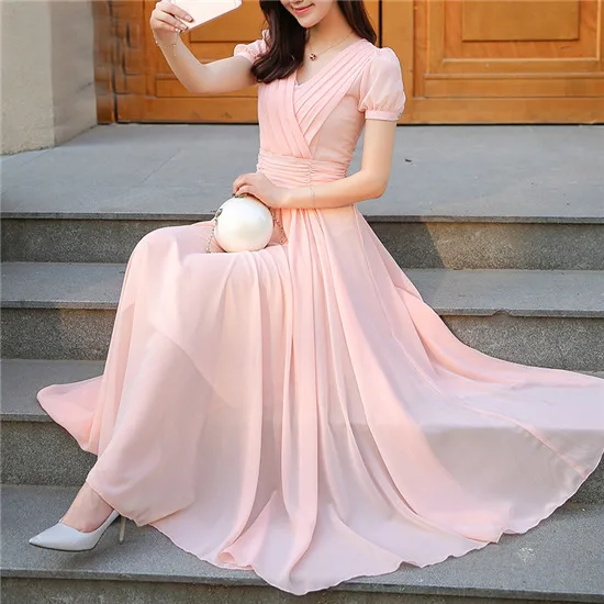 Женская летняя одежда, элегантные плиссированные шифоновые платья с коротким рукавом и v-образным вырезом, повседневные эластичные вечерние платья макси для женщин - Цвет: Розовый