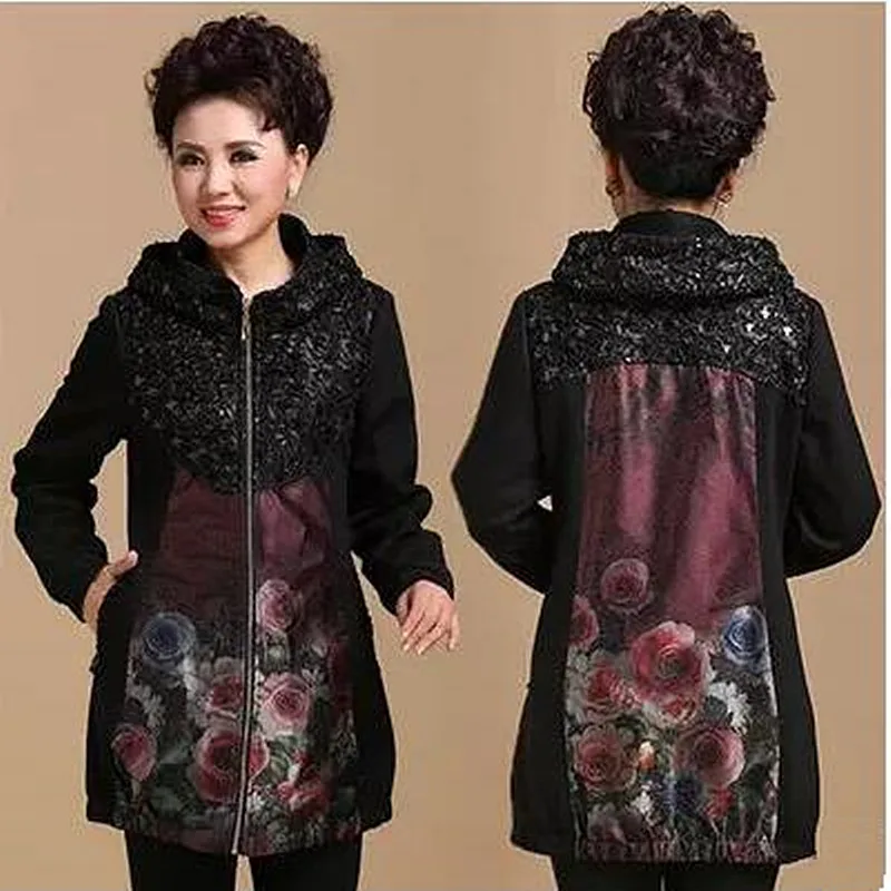

2017 brand shop High quality Mom's long lace Coat the female Thick paragraph Large size Old age windbreaker XL-5XL