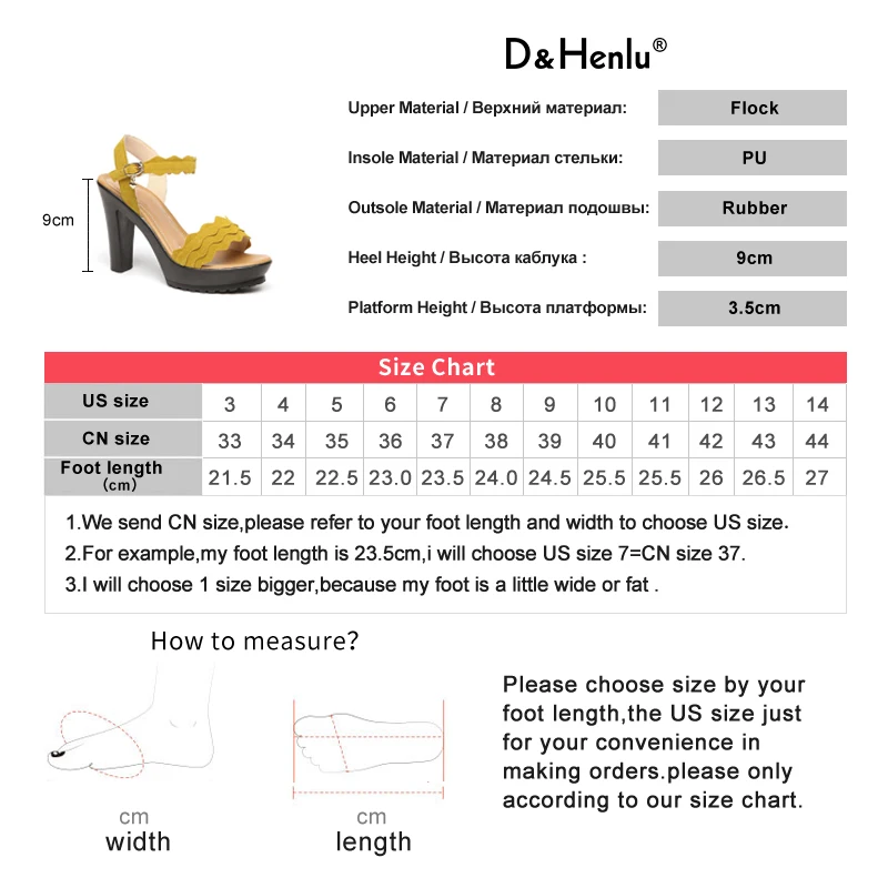 {D& Henlu}/босоножки на высоком каблуке женские черные босоножки на платформе, большие размеры 41, 42, 43 Женская обувь женские босоножки желтого цвета