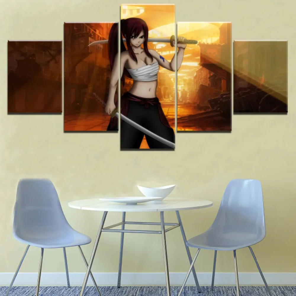 

5 Pieces Paintings Canvas Wall Art Erza Scarlet Modern Home Canvas Wall Art Fairy Tail Anime Home Decor Living Room Artwork