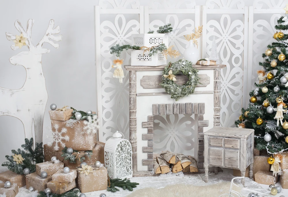 Huayi White Christmas Tree Fireplace Backdrop Newborn Photography