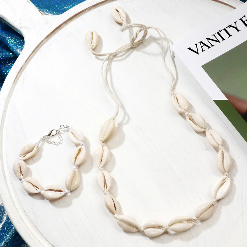 

Black Rope Chain Puka Shell Necklace Bracelet Set Boho Seashell Cowrie Hawaii Summer Collar Choker Woman Beach Jewelry Girl Gift