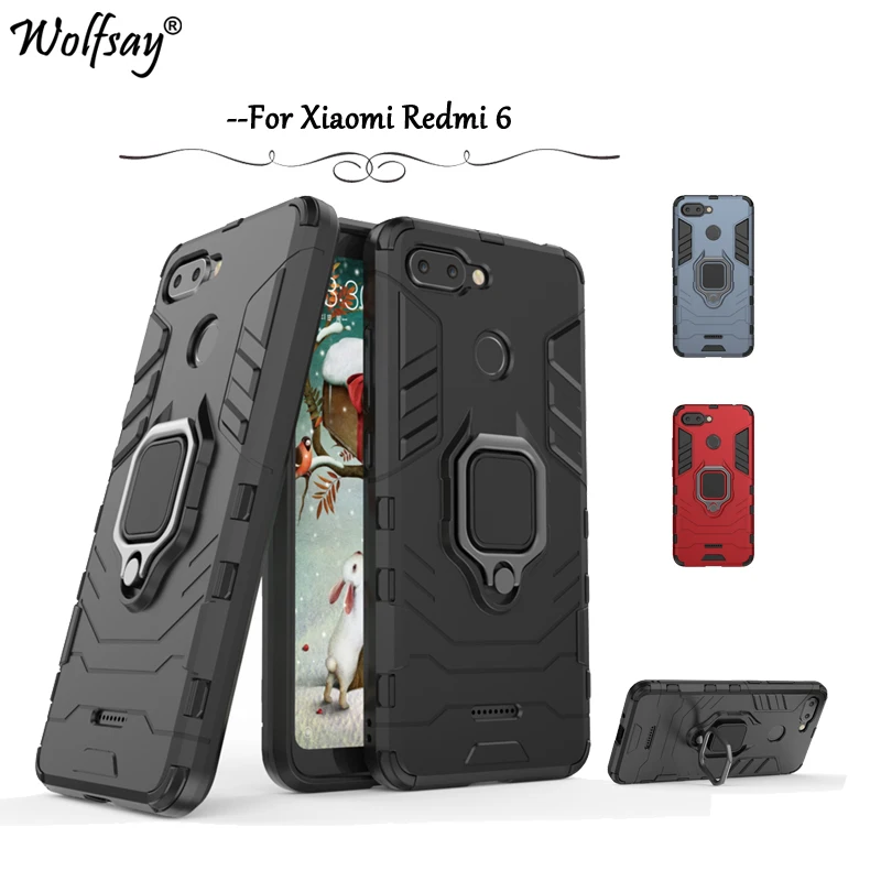 

Wolfsay Coque Xiaomi Redmi 6 Case Metal Finger Ring Holder Case Magnetic Case For Xiaomi Redmi 6 Cover For Xiaomi Redmi 6 Fundas