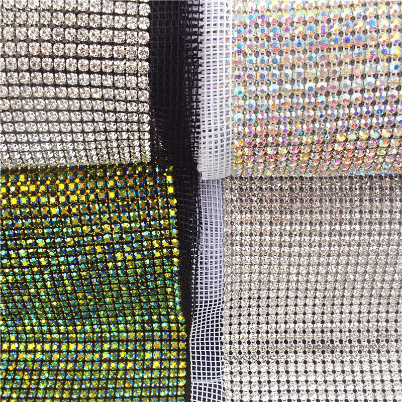 

1yards bling bling AB color diamond Crystal rhinestone 24 rows mesh trimming chain Silver base White fabric DIY sewing lace