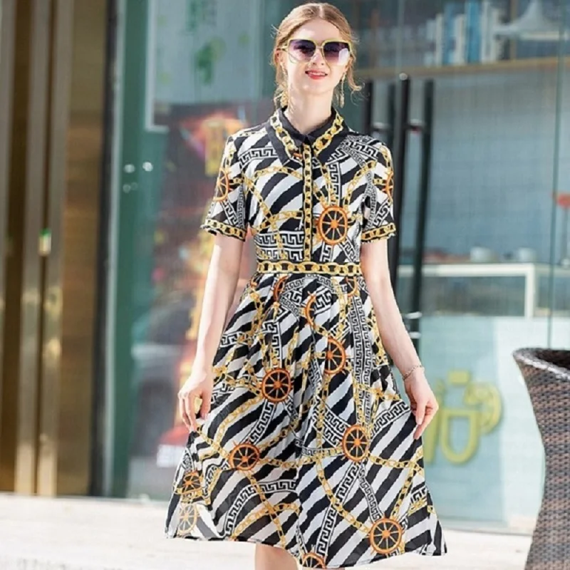 Short sleeve shirt dress 2019 new High quality spring summer Slim Print flowers Cute Dress A Line Women Clothing Party dresses