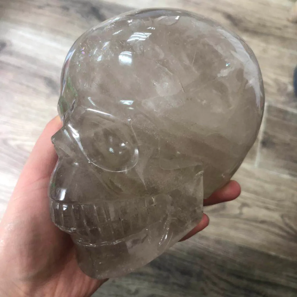 

Free Shipping! 1.97kg Rainbow Light Natural Handmade Smoky Quartz Crystal Carving Skull For Decoration 5.5'' FMX