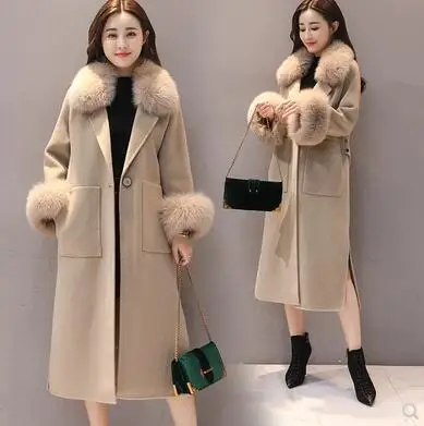 Khaki Высококачественное зимнее пальто Женская куртка с меховым воротником теплое шерстяное пальто новая зимняя куртка кашемировые пальто элегантные женские пальто 769 - Цвет: Khaki