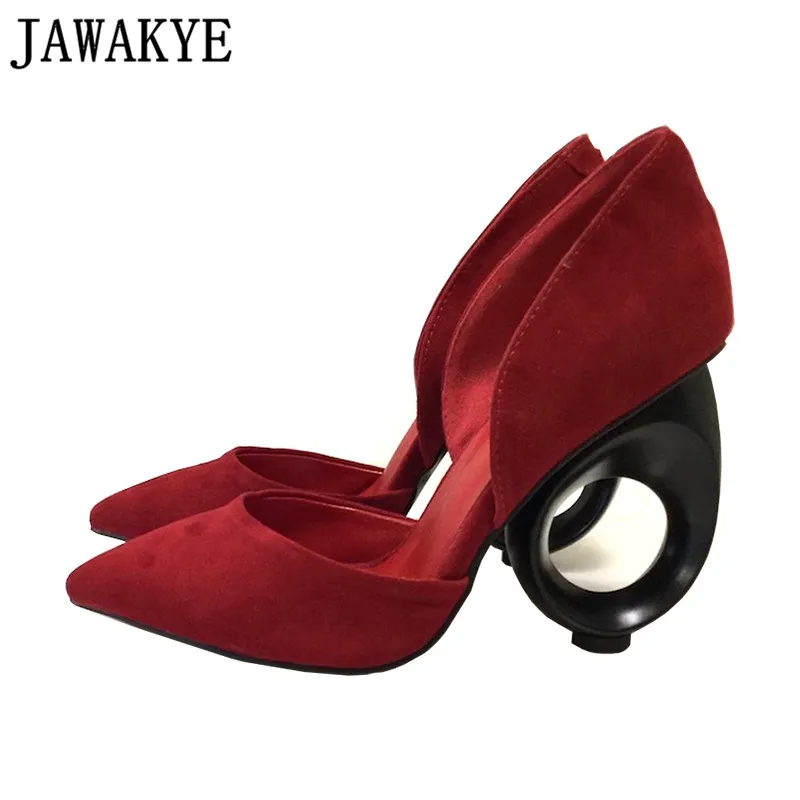 

2019 Newest Pointed toe pumps women genuine leather round cut outs strange heel shoes woman novelty high heels zapatos mujer