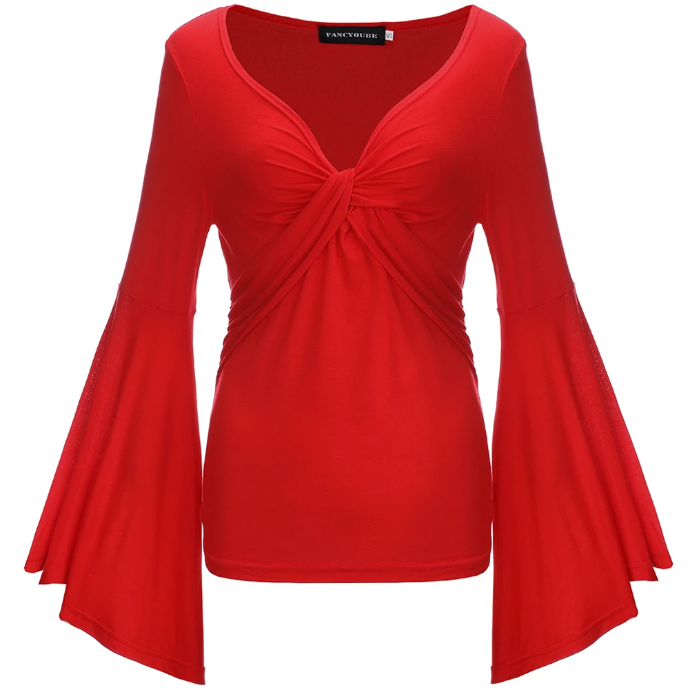 Plus Size font b Women b font Autumn 2018 Flare Sleeve Lace Up Top Tees Gothic