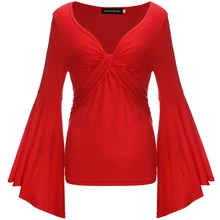 Plus Size Women Autumn 2018 Flare Sleeve Lace Up Top Tees Gothic Style T-Shirt Women Clothes Loose Clothing