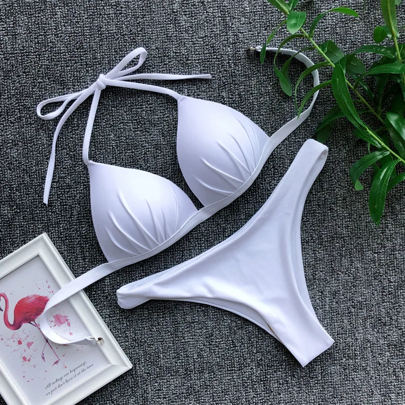 Billig 2020 Sexy Damen Halter Feste Schwimmen Badeanzug Weiblichen Badeanzug Frauen Push Up Bikini Weiß Dreieck Bademode String Bikini