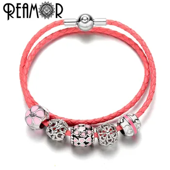 

REAMOR Women Enamel Heart Bead Genuine Leather Charms Bracelets Jewelry Stainless Steel Pink Flower Beaded Bracelet DIY Gift