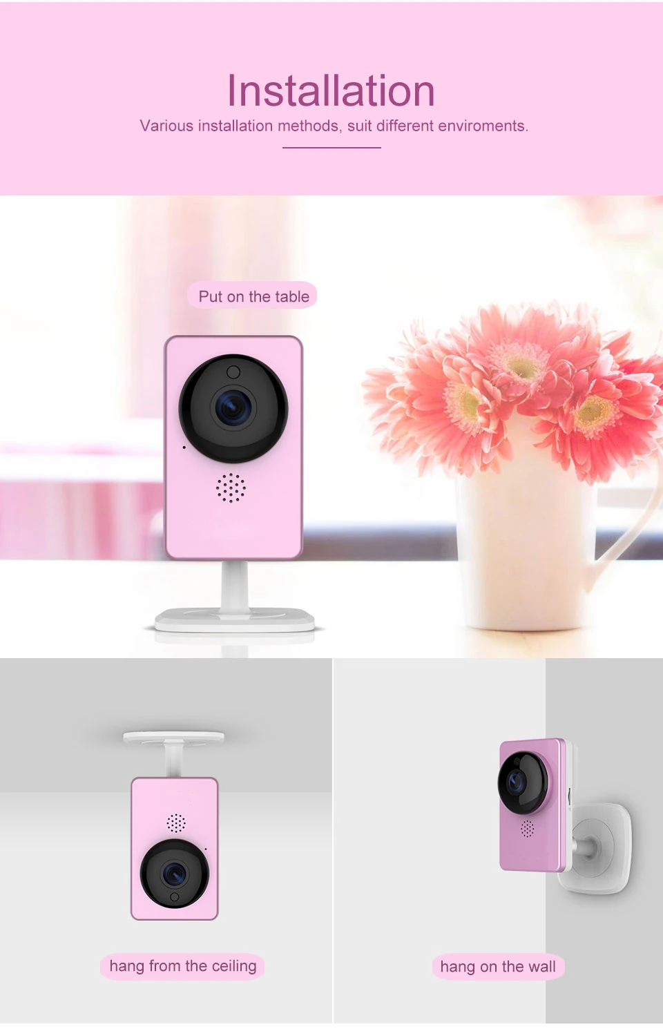 C60S панорамная IP Розовая камера широкоугольная маленькая 1080 P FULL HD мини-камера инфракрасного ночного видения беспроводная сигнализация движения