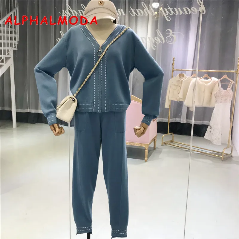 

ALPHALMODA 2018 Women New Knit Track Suits V-collar Long-sleeved Cardigans Pencil Trousers Female Fashion Sports Suit 2pcs Set