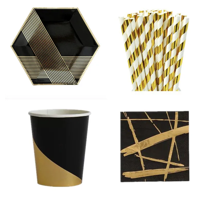 8Pcs Paper Plates Ins Black Gold Foil Plates Cups Birthday Party Decorations Adult Kids Napkins Girl Bachelorette Party Supplies02