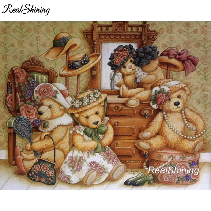 

REALSHINING 5D DIY Diamond Painting Cartoon Teddy Bear Embroidery Kits Full Square Cross Stitch Resin Mosaic Needlework DM504