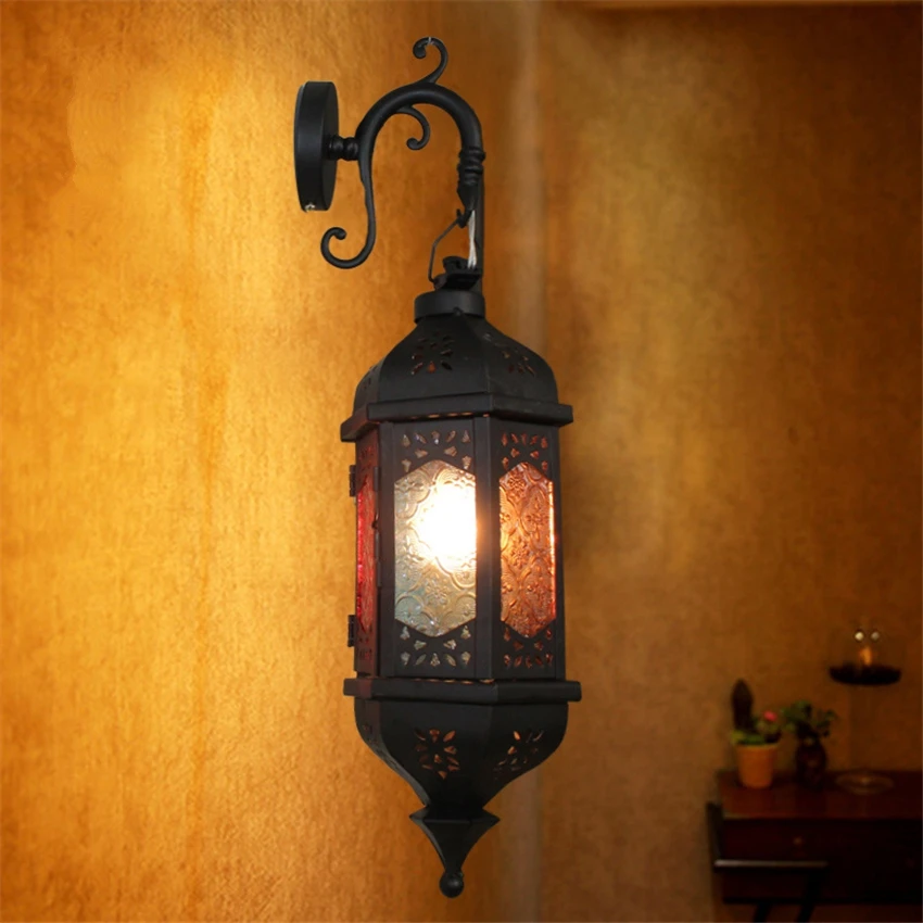 

European Moroccan E14 Wall Lamps Colorful Glass Iron Sconce Wall Lights Bathroom Mirror Headlight Bar Cafe Hanging Lamps Fixture