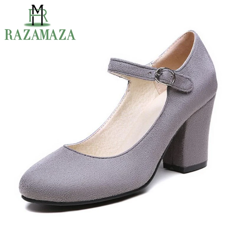 

ZALAVOR Size 33-42 Ladies Thick High Heel Office Pumps Women Round Toe Ankle Buckle Strap Shoes Women Spring Party Footwear