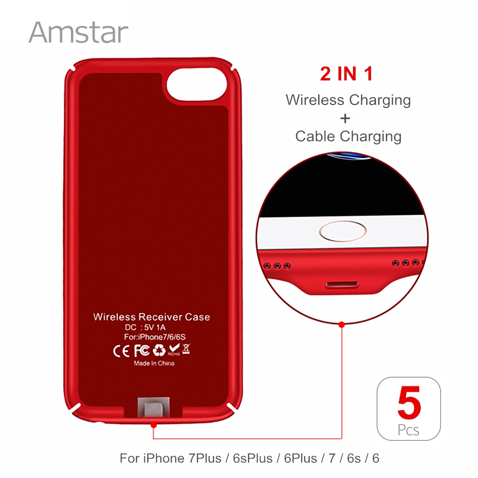 

5pcs/lot Amstar Wireless Charger Receiver Case Qi Wireless Charging Transmitter Cover Qi Receiver Case for iphone 7 6S 6 Plus
