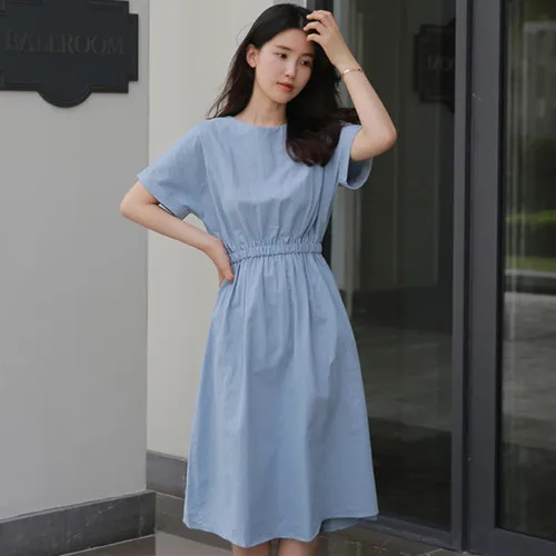 

Korean O-neck Casual Elastic Waist Women Dress Loose Linen Dresses Light Blue Women's Clothing Brief Dress Flax Batwing Sleeve