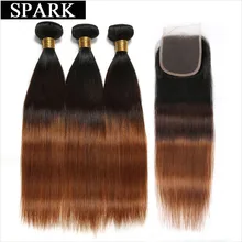 Spark Ombre Straight Human Hair Bundles with Closure T1B/4/30 Brazilian Remy Hair Weave 3 Bundles with Lace Closure Free Part