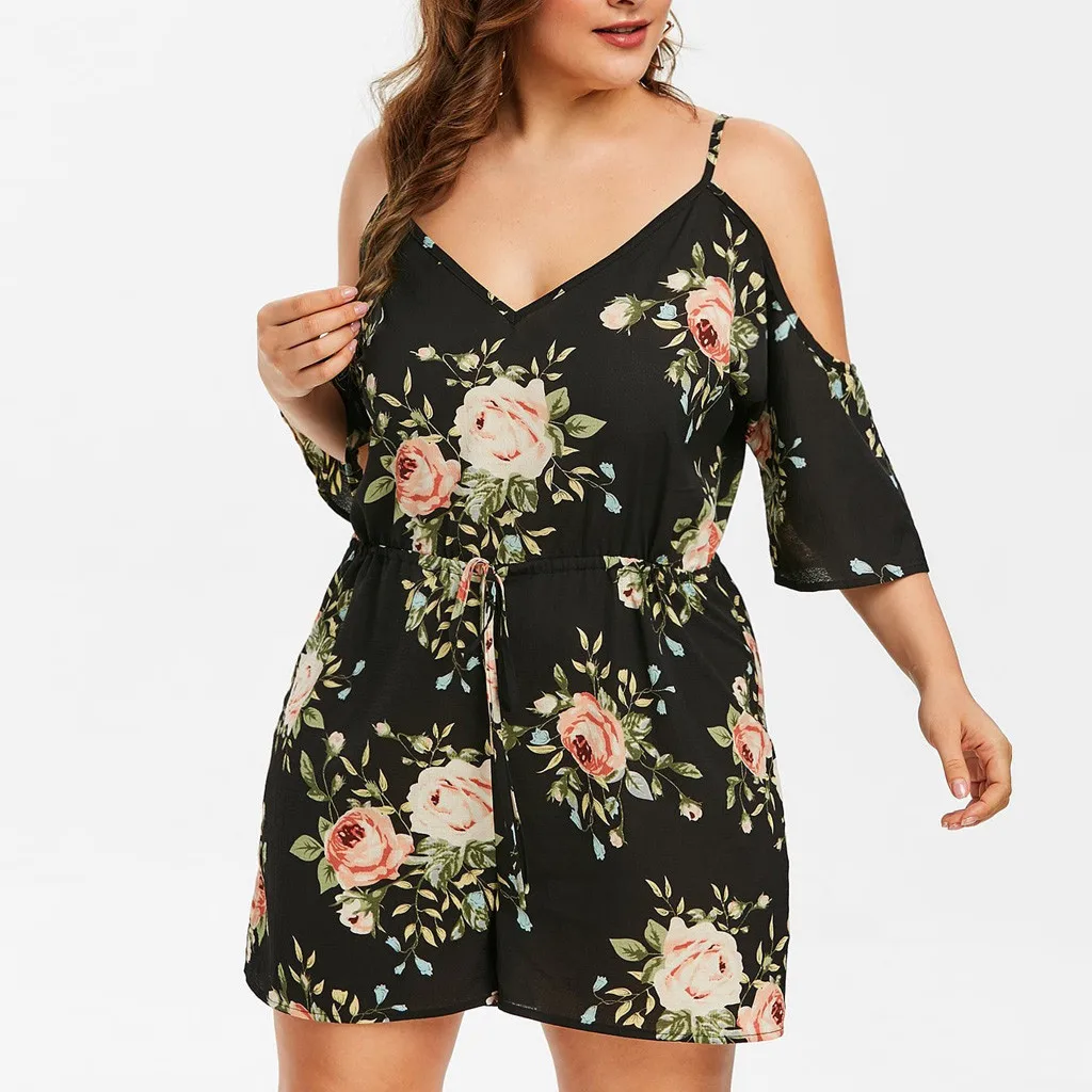 

Floral Cold Shoulder High Waist Spaghetti straps short Jumpsuit Women Fashion Bodysuit V-Neck Off Shoulder Romper Plus Size 5XL