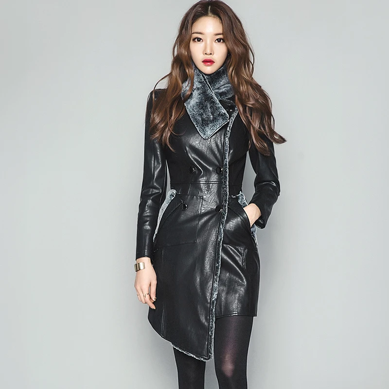 Koop 2018 High end herfst winter Bont sjaal kraag slanke elegante faux leather Pu Jacket black double breasted onregelmatige werk warm jas