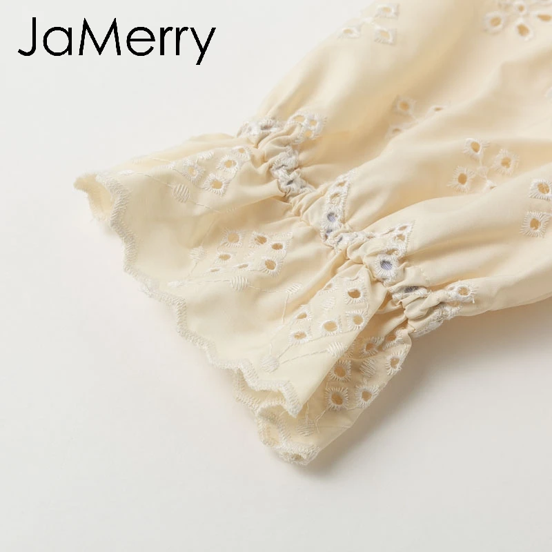 JaMerry Elegant embroidery lace blouse women Summer short sleeve ruffle hollow out tops Fashion ladies solid blouses and tops