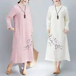 Новый осень-зима традиционных легкий Длинные рукава хлопок и лен женщина Национальный Ветер костюм платье с принтом NY1881896