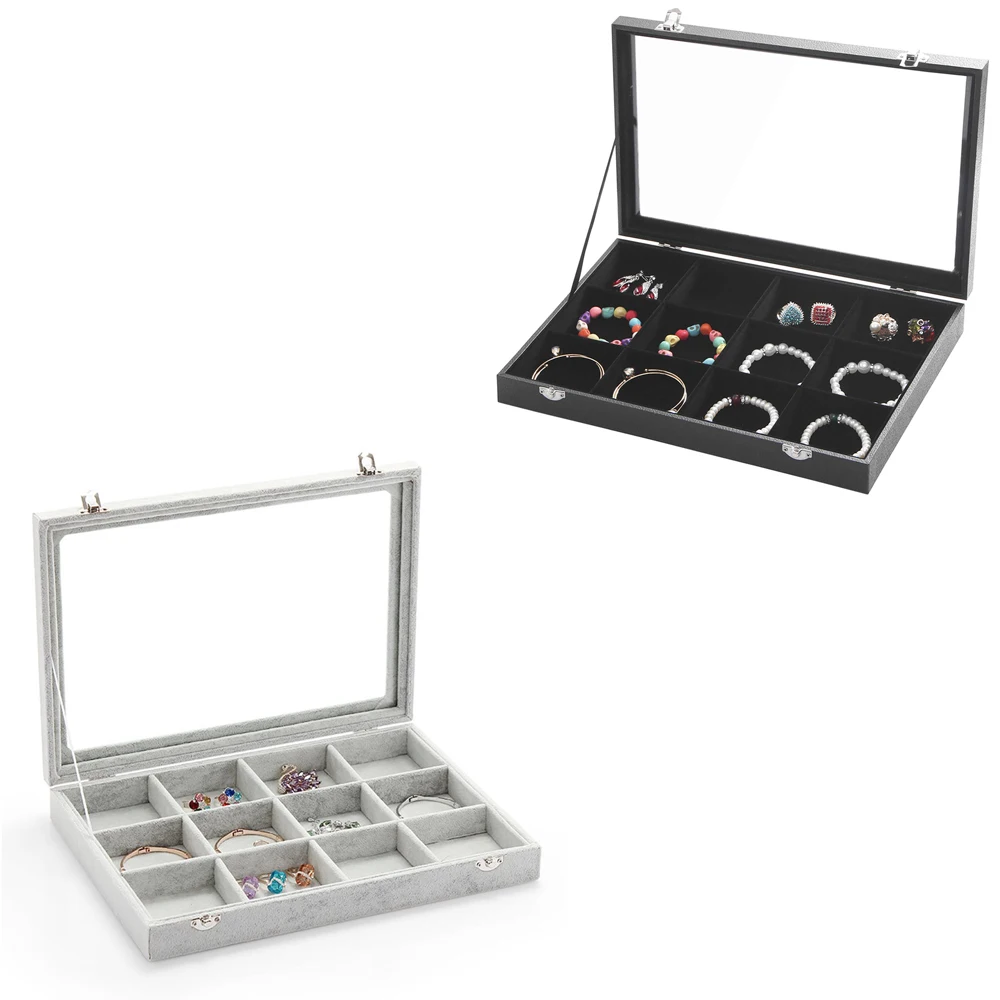 

SZanbana Glass lid 12 Grid Jewelry Tray Ring Organizer Earring Necklace Bracelet Brooch Button Showcase Storage Lockable Box