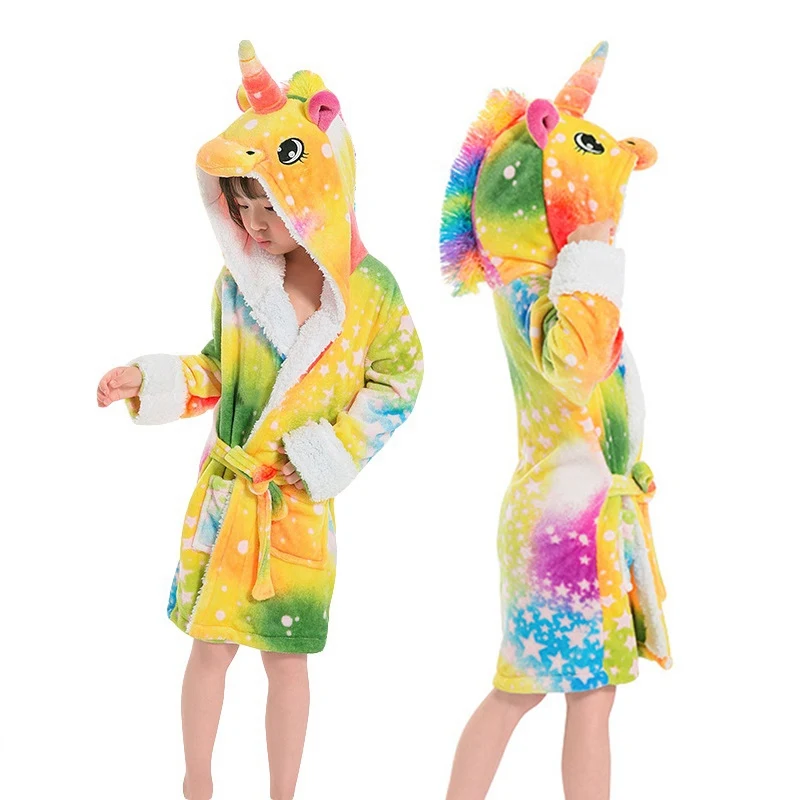 Зимние детские халаты, пижамы с изображением радуги и единорога для мальчиков и девочек, банный халат с капюшоном, пижама с изображением животного, детская одежда для сна, Халат
