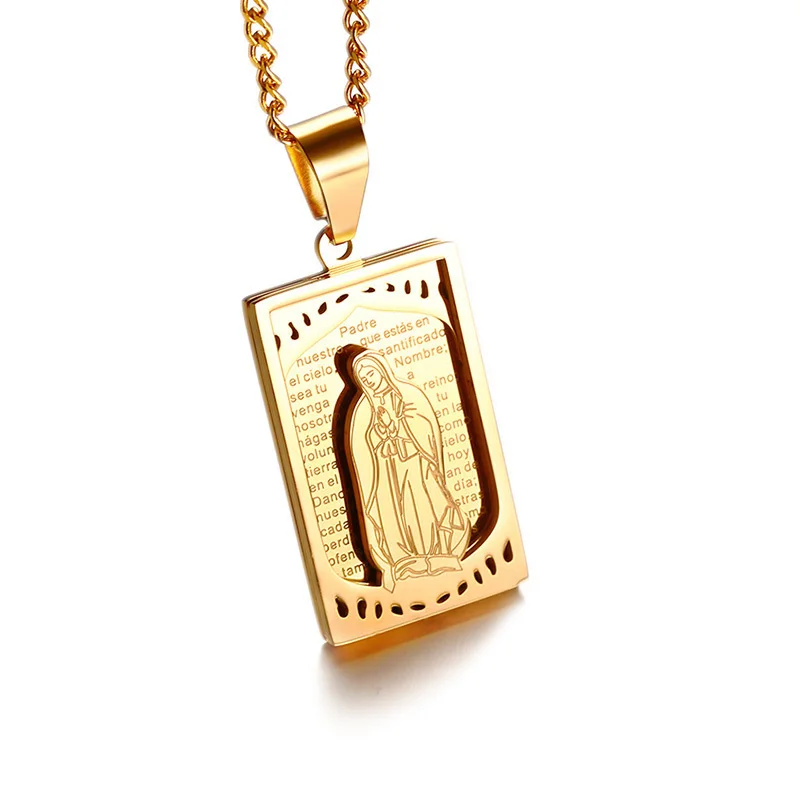 

Virgin Mary Bible Lord's Prayer Words Inscripted Pendant Necklace for Men Women Stainless Steel Unisex Christian Hip Hop Jewelry