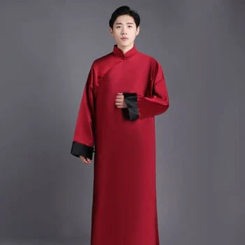 

Chinese Vintage Style Bridegroom Wedding Robe Gown Solid Burgundy Qipao For Men Traditional Marriage Clothing Size S-XXL