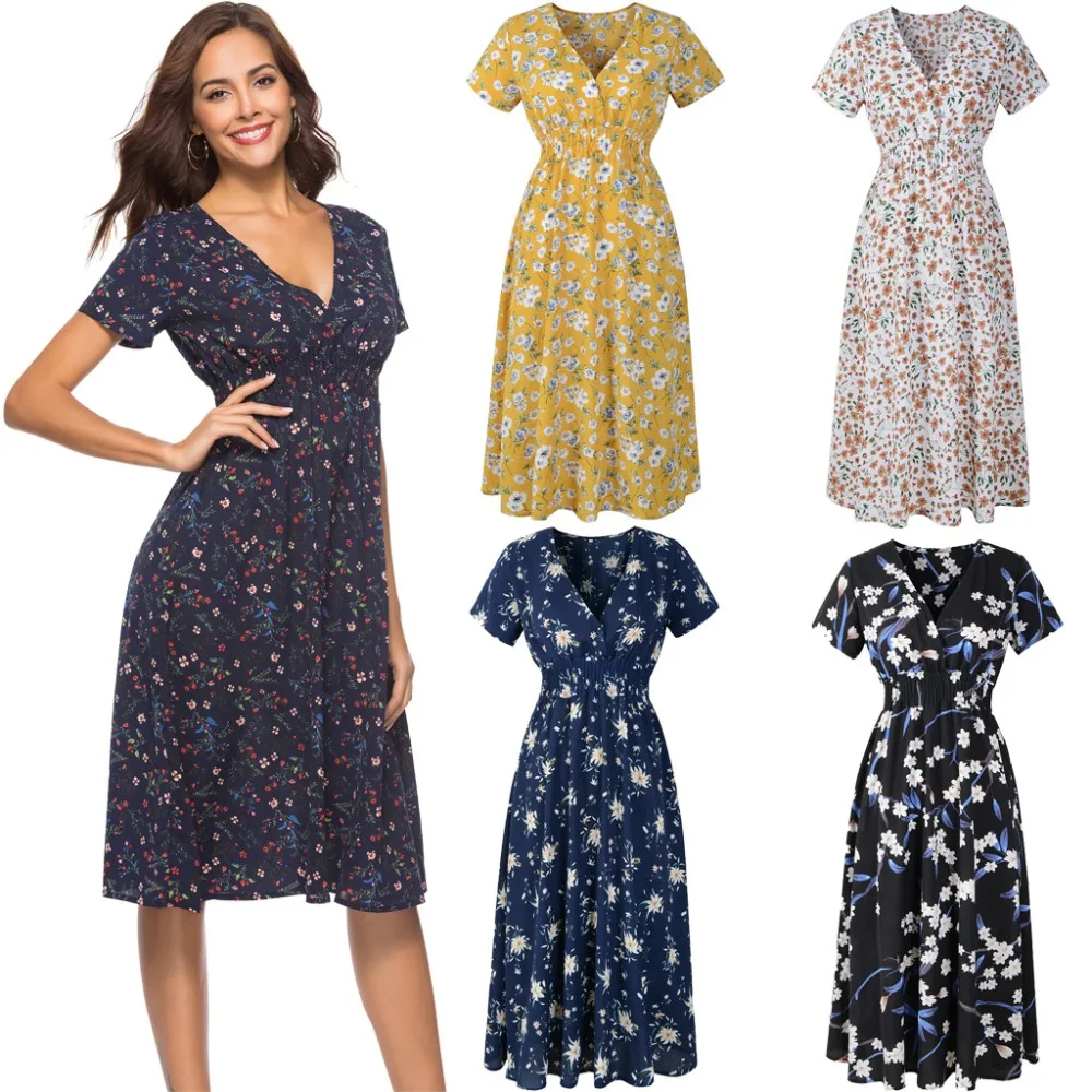 

Plus Size Casual Elastic Waist Boho Dress Women Beach Summer Dresses Floral Print Vintage Chiffon Midi Dress Vestido de Festa