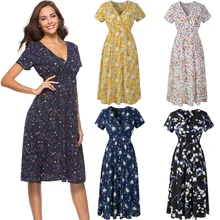 Vestido bohemio de talla grande informal con cintura elástica para mujer, vestidos de verano para la playa, estampado Floral Vintage de gasa, Vestido Midi, Vestido de fiesta