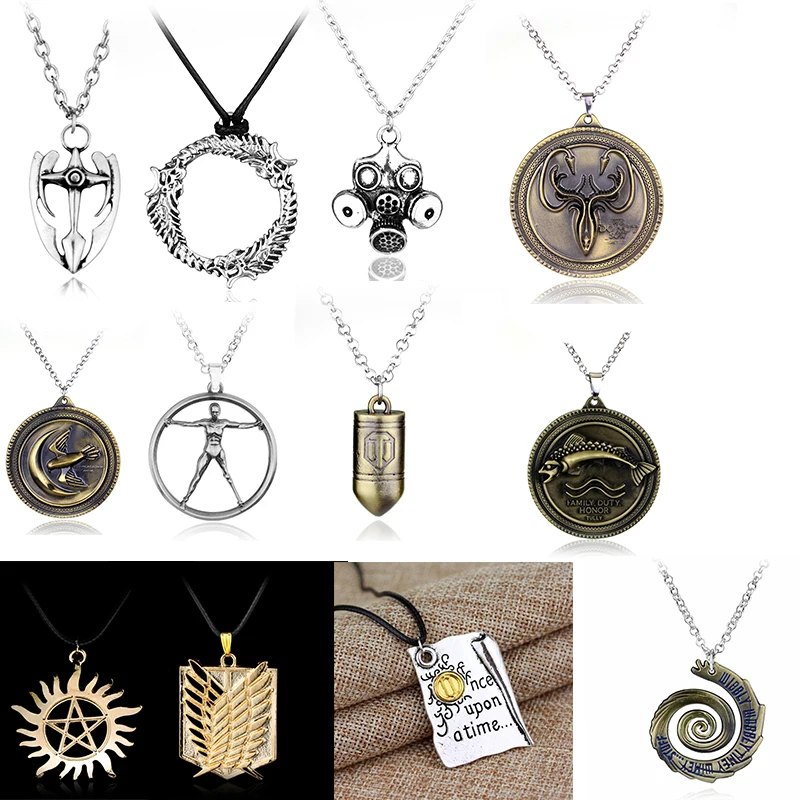 

Cheaper Price Viking GAME OF THRONES necklace men Doctor who lion axe World of Tanks bullet pendant necklace statement necklace