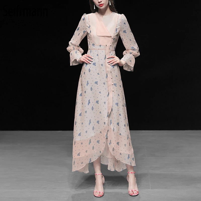 

Seifrmann New 2019 Women Spring Summer Dress Runway Fashion Designer Lantern Sleeve Ruffles Floral Printed Party Long Dresses